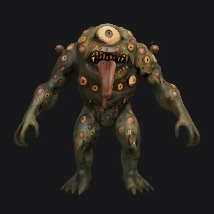 One-eyed monstrous creature with tentacles. complex geometry, sharp edges, character.