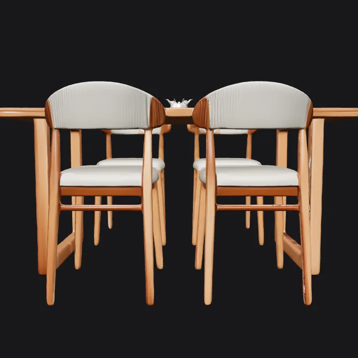 Modern dining table with chairs, top view. smooth edges, simple geometry, game-ready, symmetric geometry.
