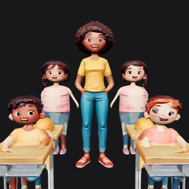 Teacher standing among young students. smooth edges, complex geometry, character.