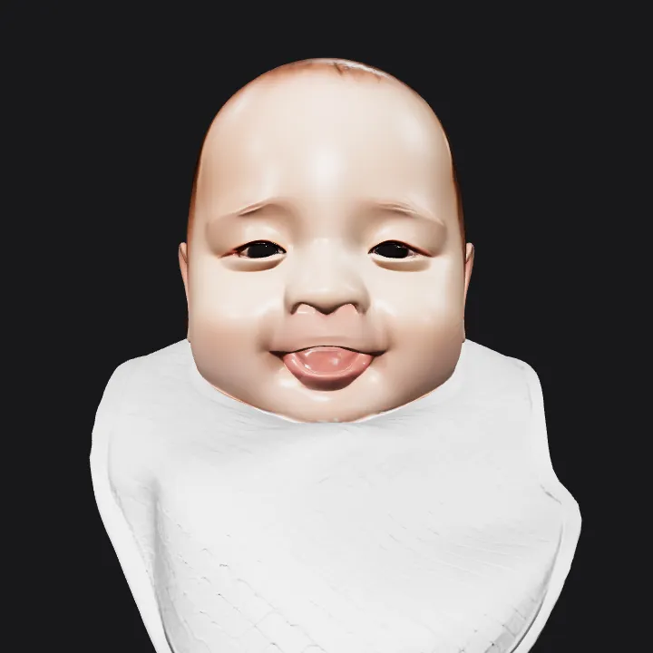 Infant wearing a quilted white bib. smooth edges, simple geometry, character, symmetric geometry.