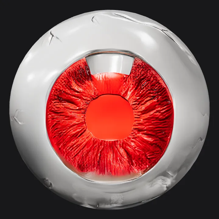 A realistic human eyeball with red iris. smooth edges, complex geometry, game-ready, symmetric geometry.