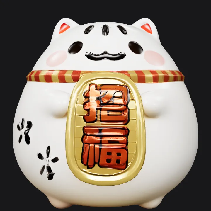 Maneki-neko lucky cat figurine. smooth edges, simple geometry, symmetric geometry.