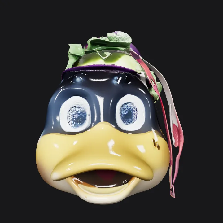 Vegetable art resembling a face in a pot. complex geometry, smooth edges.