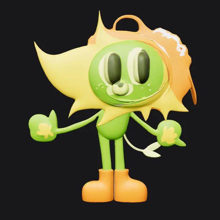 Cartoon sunflower humanoid character. simple geometry, smooth edges, game-ready, character.