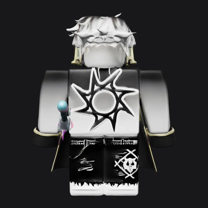 Roblox avatar with sun symbol cloak. sharp edges, simple geometry, game-ready, character, symmetric geometry.