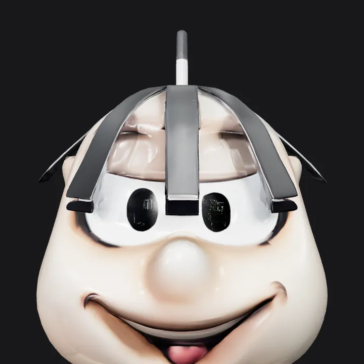 Cartoon face helmet with black hair strips. smooth edges, simple geometry, character, symmetric geometry.