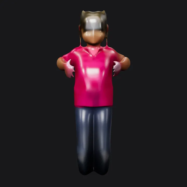 child standing sideways indoors. smooth edges, complex geometry, character.