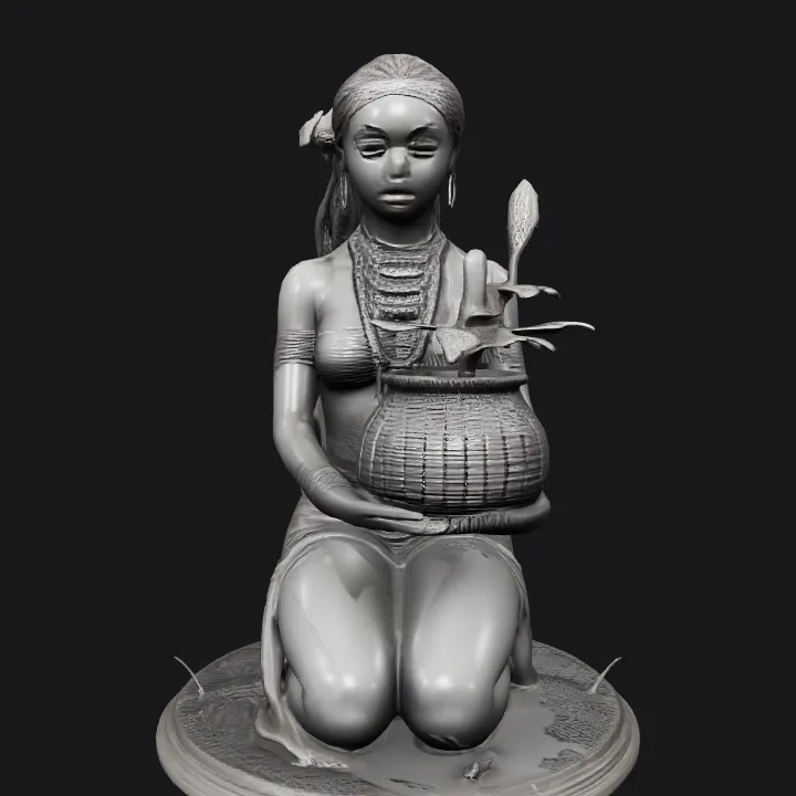 kneeling woman with long braided hair and basket. complex geometry, smooth edges, character.