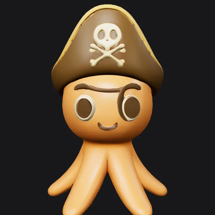 Pirate octopus cartoon character. smooth edges, simple geometry, game-ready, character.