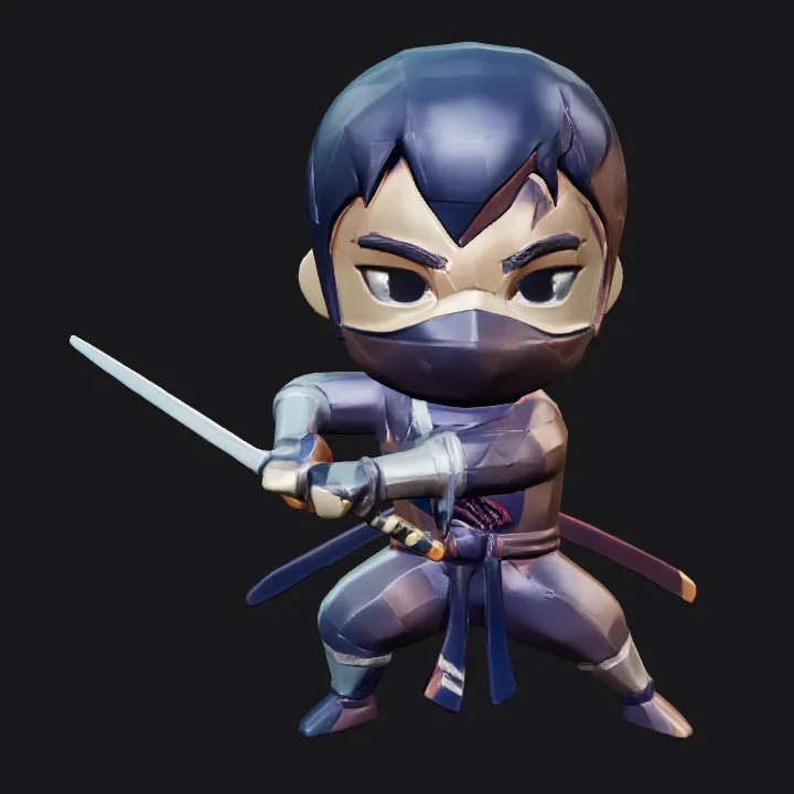 Low-poly ninja character holding a sword. sharp edges, complex geometry, game-ready, character.