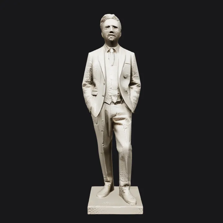 Statue of a man in formal suit. sharp edges, complex geometry, character.