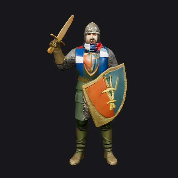 Medieval knight holding sword and shield. complex geometry, sharp edges, character.