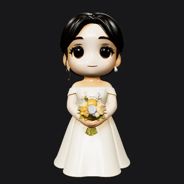 Bride figurine holding bouquet. smooth edges, simple geometry, character.