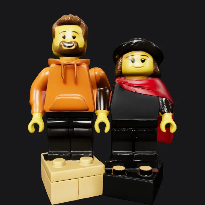 Two LEGO minifigures standing together. simple geometry, smooth edges, game-ready, character, symmetric geometry.