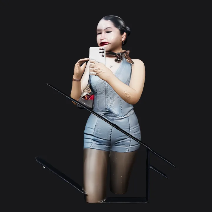 woman in denim outfit taking a selfie. complex geometry, smooth edges, character.