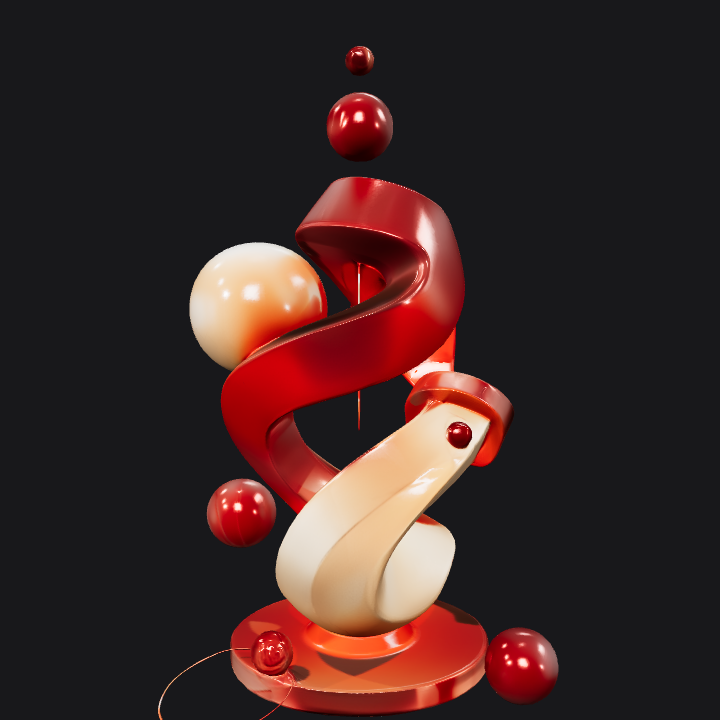 Abstract twisted geometric sculpture with spheres. smooth edges, complex geometry.