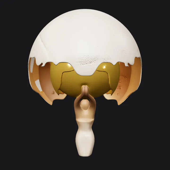 Abstract sculpture of woman inside cracked egg shell. smooth edges, complex geometry, character, symmetric geometry.