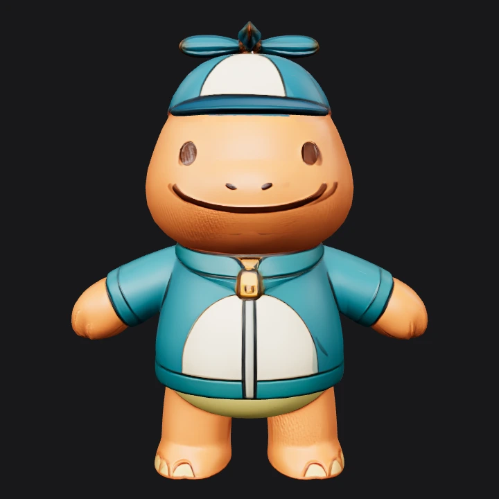 cartoon character with beanie and smiley shirt. smooth edges, simple geometry, game-ready, character, symmetric geometry.