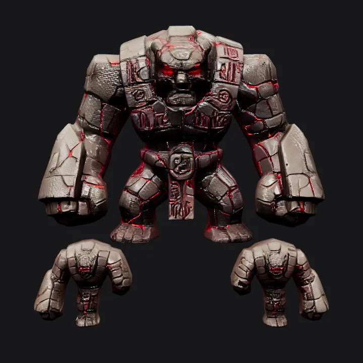 Stone golem with glowing red cracks. sharp edges, complex geometry, game-ready, character, symmetric geometry.