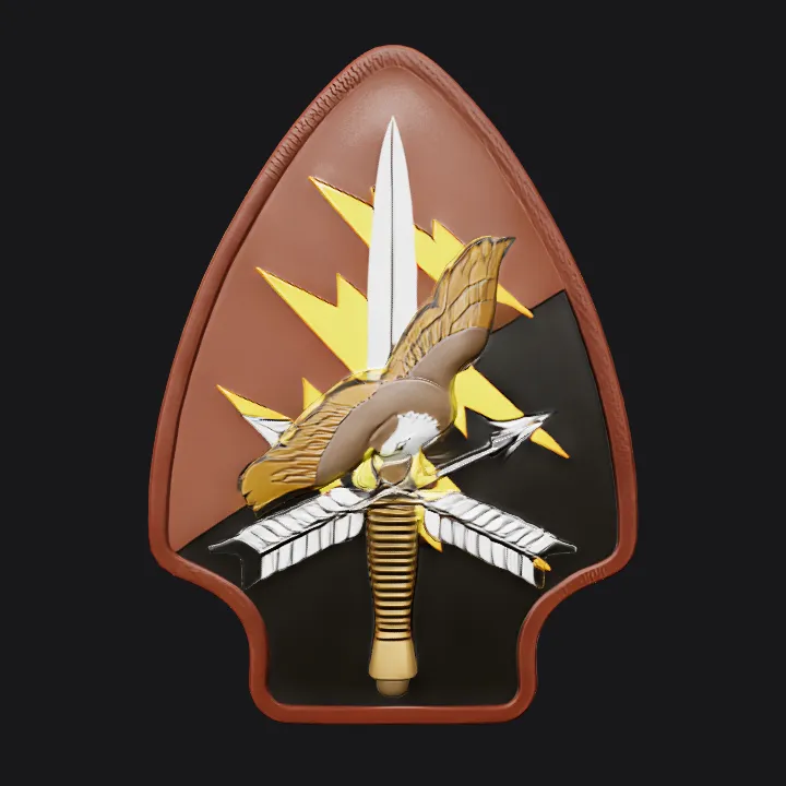 Military insignia with sword, eagle, and arrows. sharp edges, simple geometry, symmetric geometry.