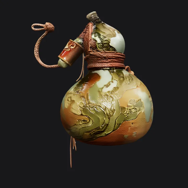 Decorative gourd-shaped bottle with rope. complex geometry, smooth edges.