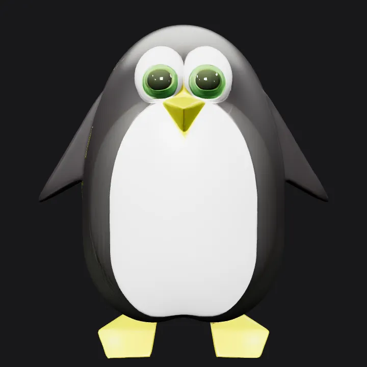 cartoon penguin with big eyes. smooth edges, simple geometry, game-ready, character, symmetric geometry.