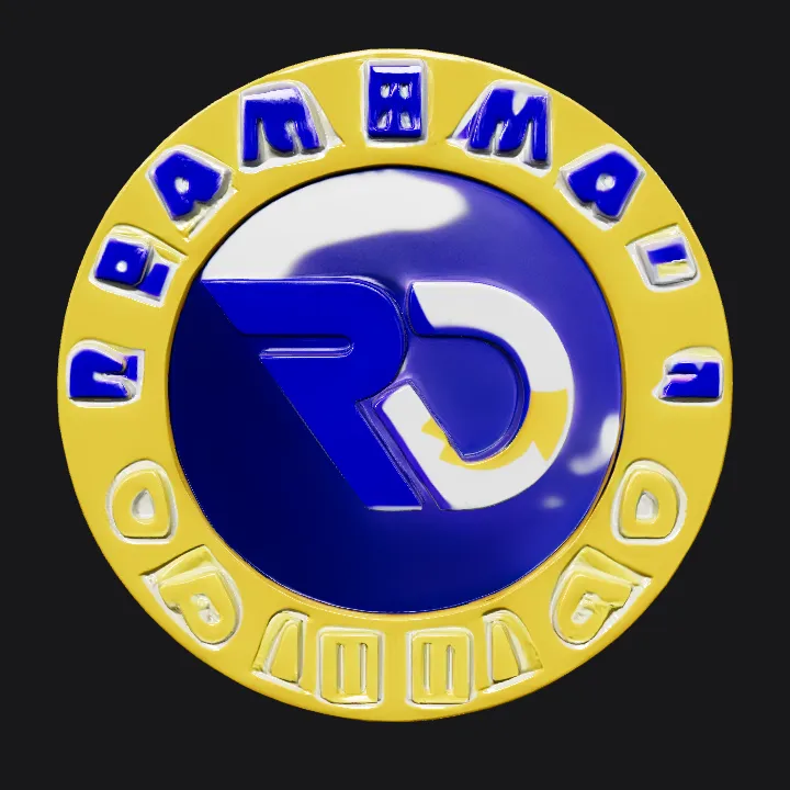Circular logo with RD initials. sharp edges, simple geometry, game-ready, symmetric geometry.
