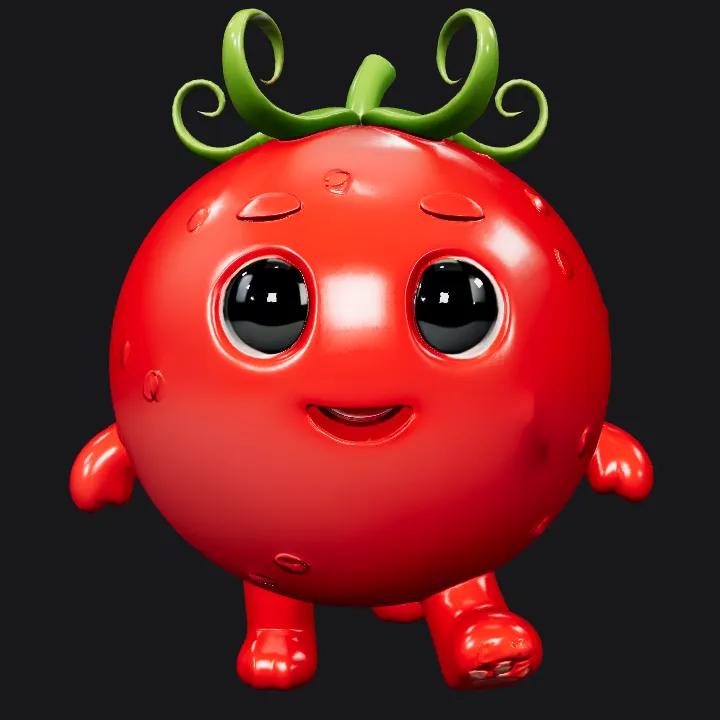 Smiling cartoon tomato character. smooth edges, simple geometry, game-ready, character.