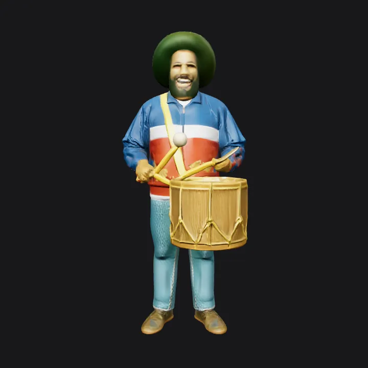 Person holding drum and drumsticks. complex geometry, character.