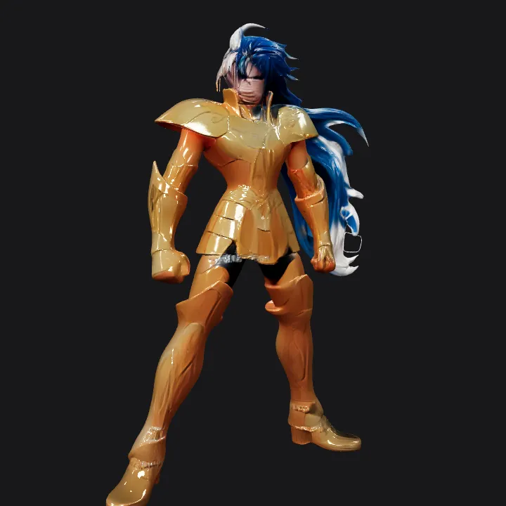 Armored warrior with long blue hair. sharp edges, complex geometry, game-ready, character.