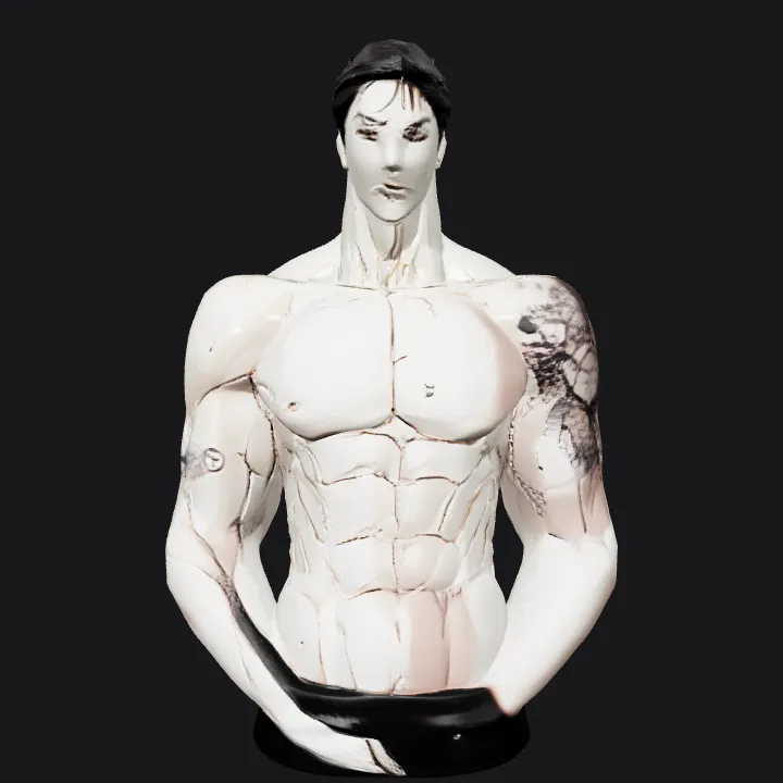 muscular male upper body with tattoos. smooth edges, complex geometry, character, symmetric geometry.