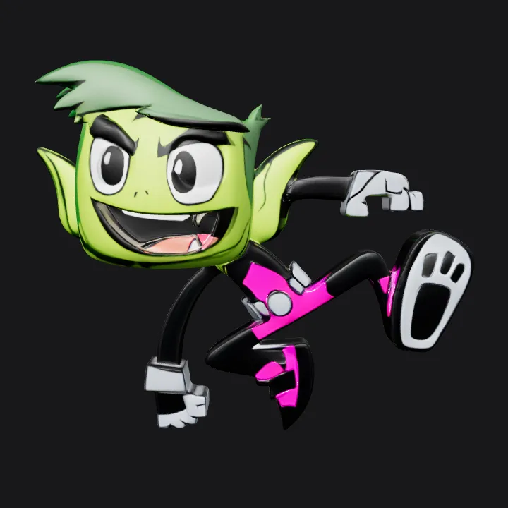 Cartoon green superhero character running. smooth edges, complex geometry, game-ready, character.