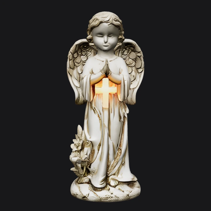 angel statue holding illuminated cross. smooth edges, complex geometry, character, symmetric geometry.