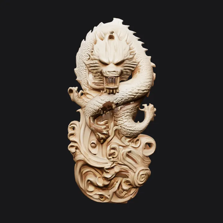 Wooden dragon sculpture with swirling clouds. complex geometry, sharp edges, smooth edges.