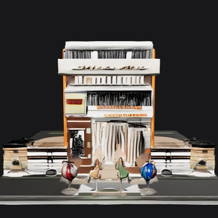 modern multi-story building with people outside. sharp edges, complex geometry.