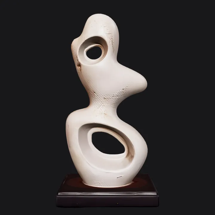 Abstract modern art sculpture with circular holes. smooth edges, complex geometry.