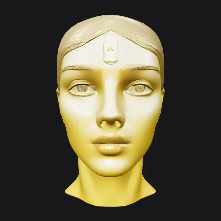 Golden human head bust. smooth edges, simple geometry, character, symmetric geometry.