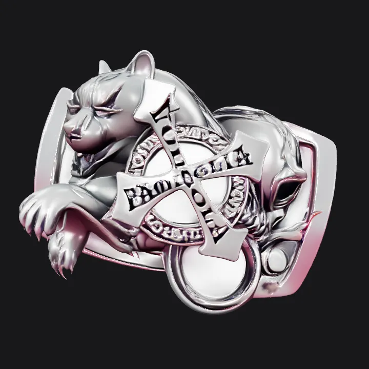 Bear and cross emblem with text. sharp edges, complex geometry, character.