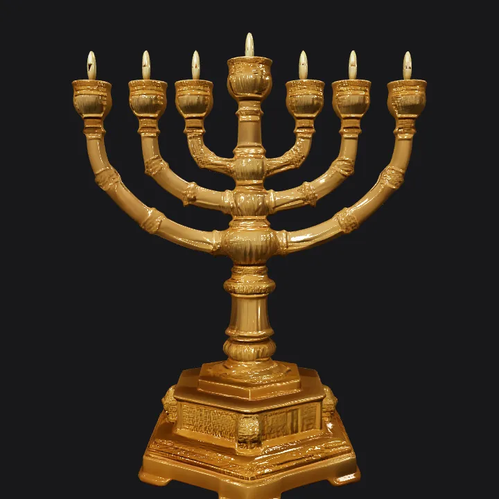 Golden ornate menorah with seven branches. complex geometry, sharp edges, symmetric geometry.