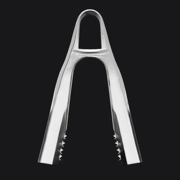 Metal kitchen tongs for gripping food. sharp edges, simple geometry, symmetric geometry.