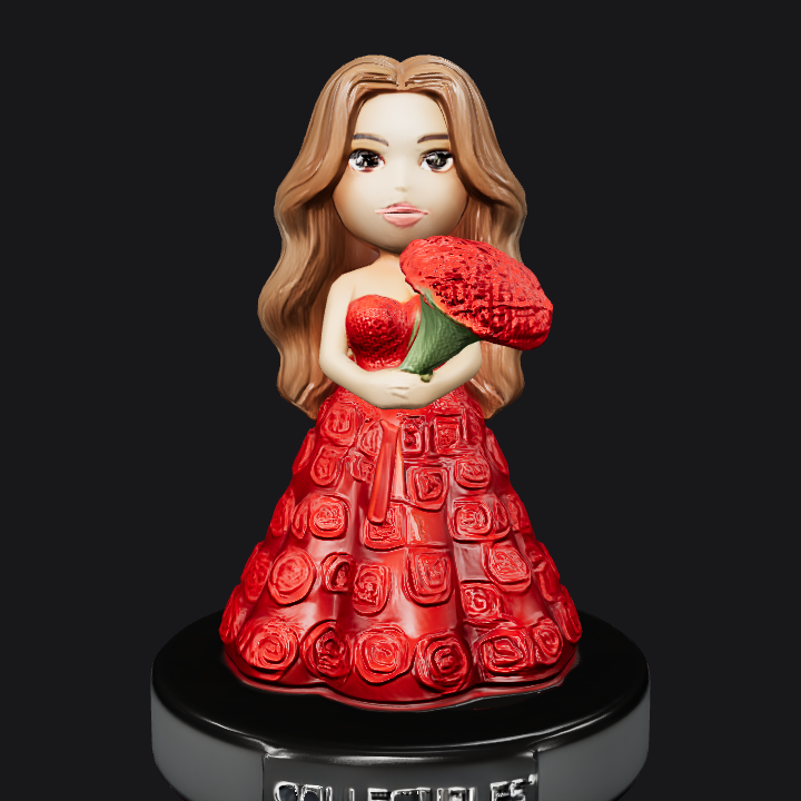 Woman figurine holding bouquet in red rose dress. smooth edges, complex geometry, game-ready, character.