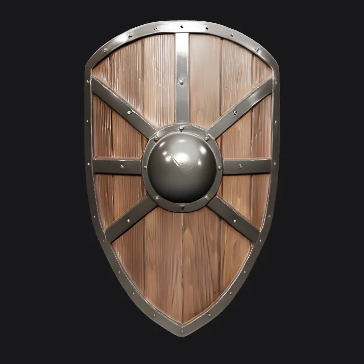 medieval wooden shield with metal details. sharp edges, simple geometry, game-ready, symmetric geometry.