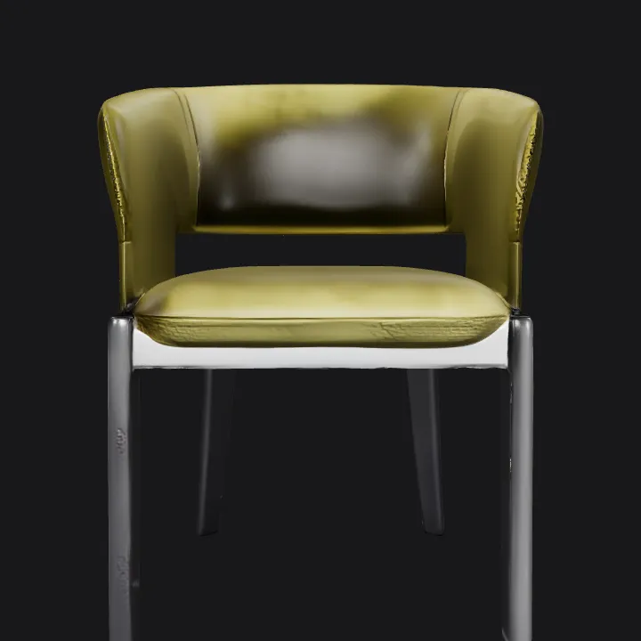 Modern olive green upholstered chair. smooth edges, complex geometry, game-ready, symmetric geometry.