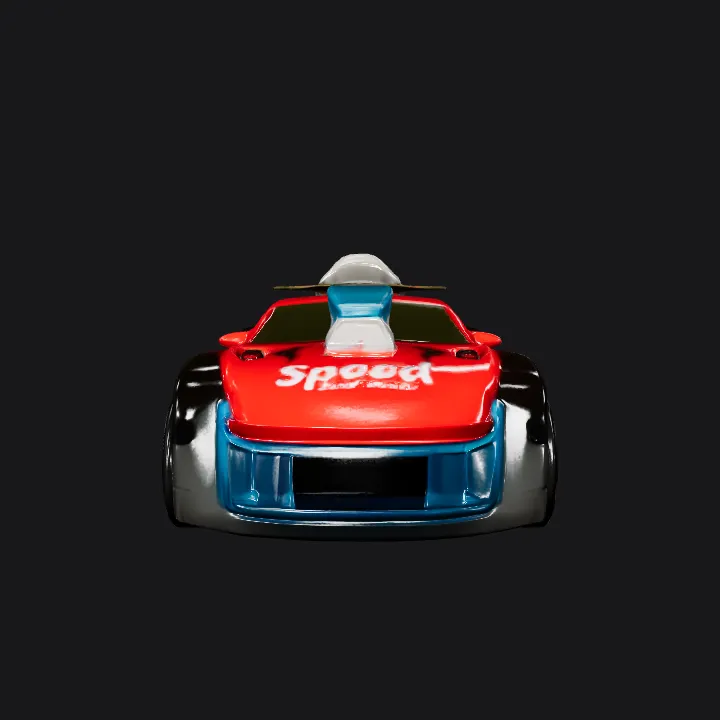 toy race car with rocket boosters. sharp edges, complex geometry, game-ready, symmetric geometry.