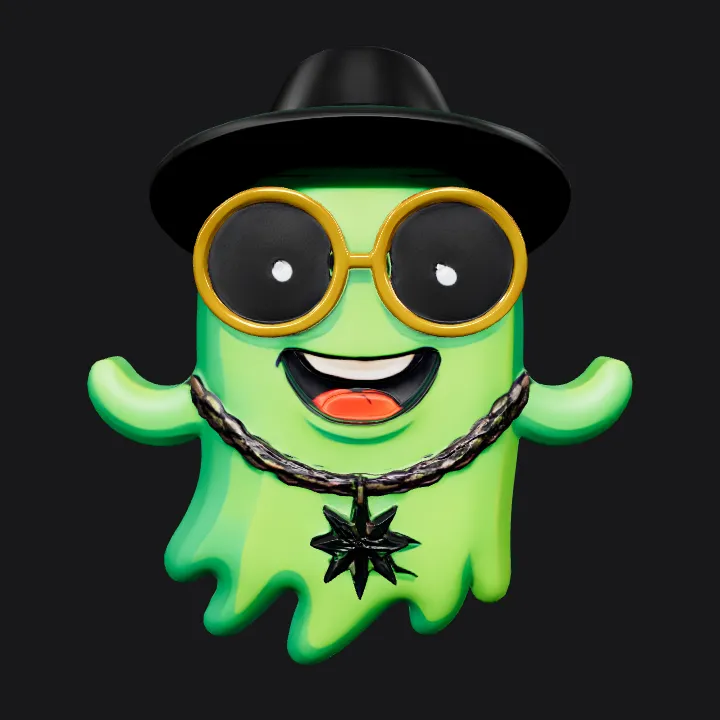 Green ghost wearing a hat and necklace. smooth edges, simple geometry, character.