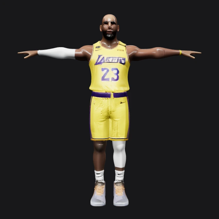 basketball player in Lakers uniform. smooth edges, complex geometry, game-ready, character, symmetric geometry.