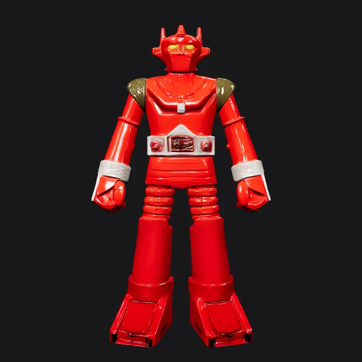 red humanoid robot standing upright. sharp edges, simple geometry, game-ready, character, symmetric geometry.