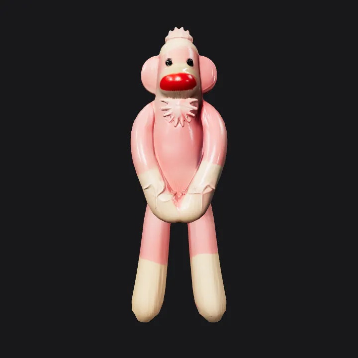Pink sock monkey plush toy. smooth edges, simple geometry, game-ready, character, symmetric geometry.