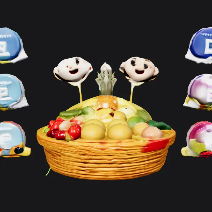 A fruit basket with vitamins and cartoon faces. complex geometry, smooth edges.