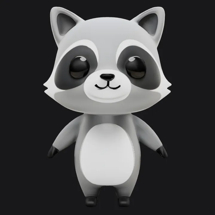 cartoon raccoon character with large eyes. smooth edges, simple geometry, game-ready, character, symmetric geometry.